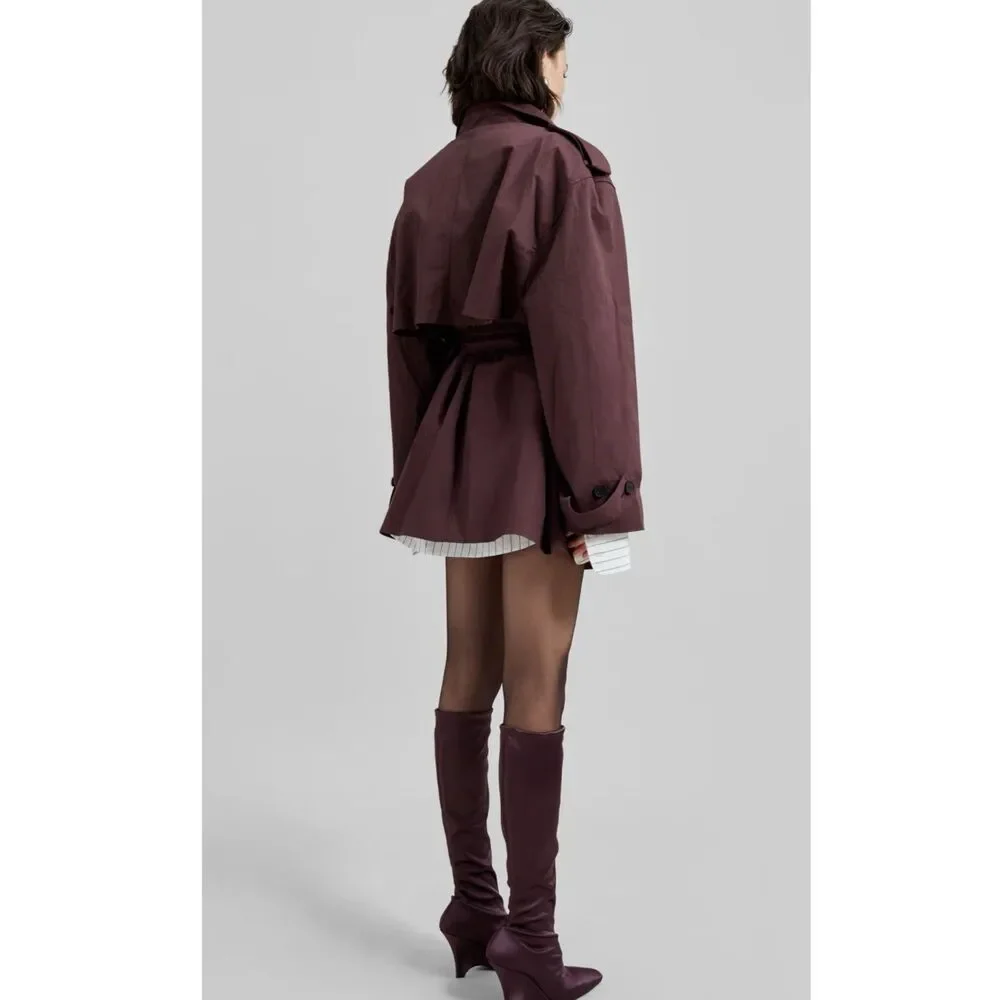 The Frankie Shop Lisburn Short Trench Coat Belted in Burgundy One Size O/S - Picture 4 of 15
